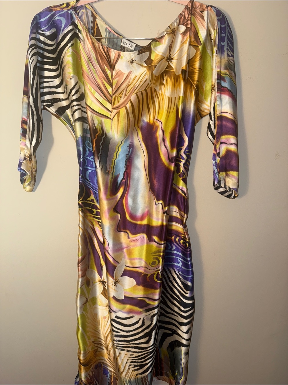 Cache Multicolor Floral and Zebra-Print Midi Dress in Purple and Yellow